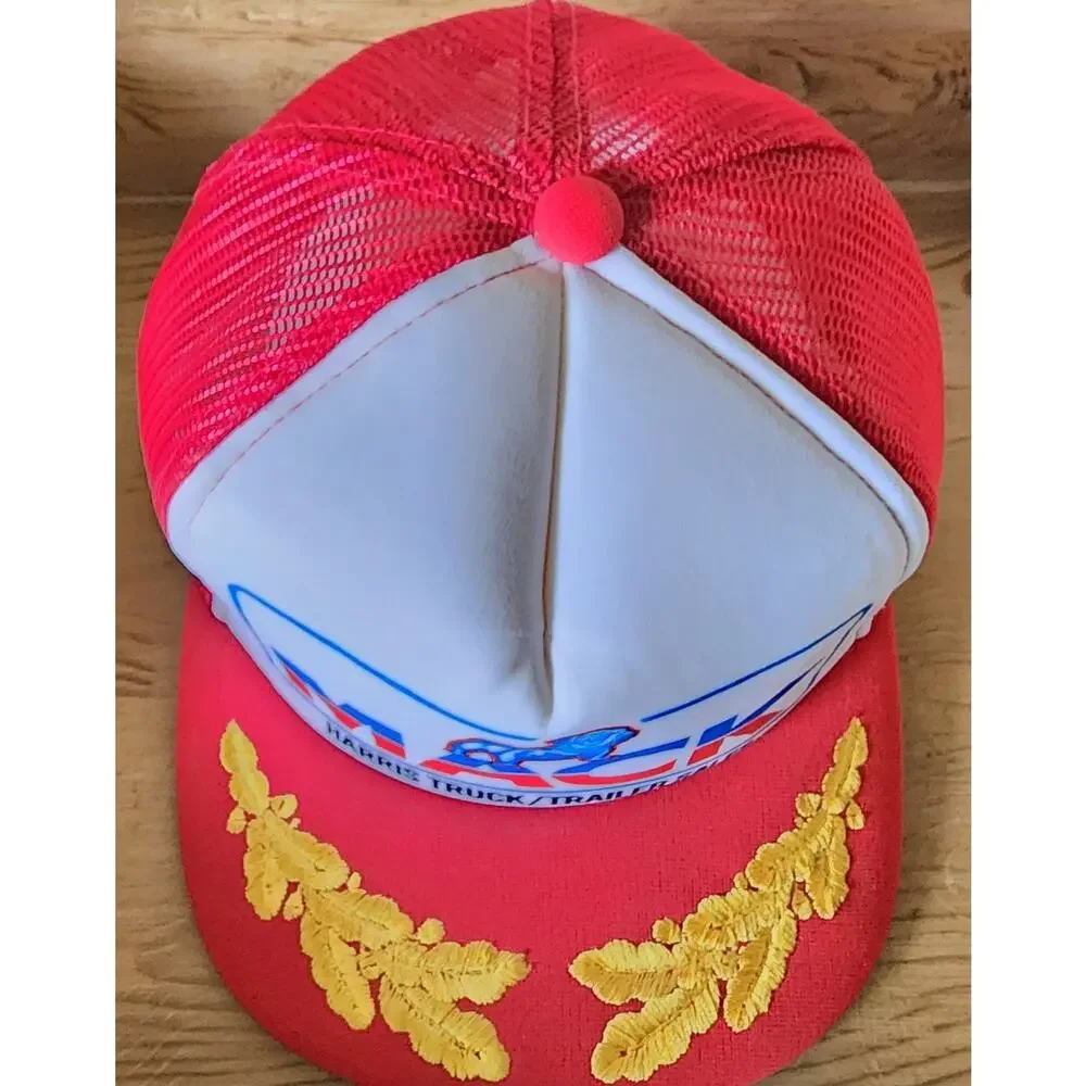 Mack Trucker Hat Harris Sales Bulldog Snapback Men's Red White Gold Leaves